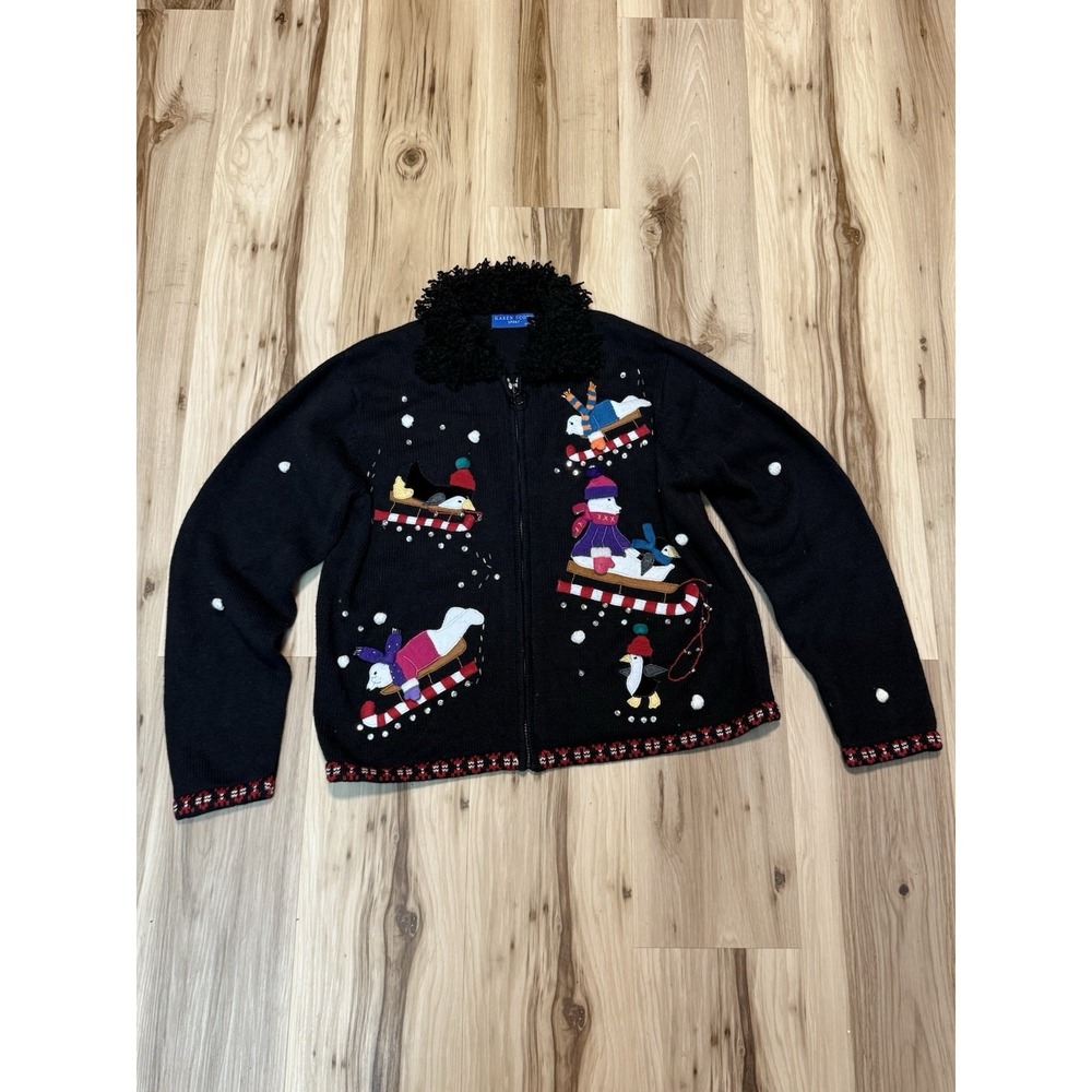 Karen Scott Ugly Christmas Sweater Black lZip Front Size L Petite